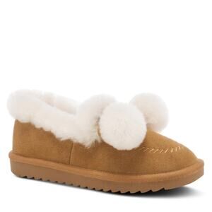 Flexus Cottontail Faux Fur Slippers Pom Pom Suede Slip-On Outdoor Camel/ Tan